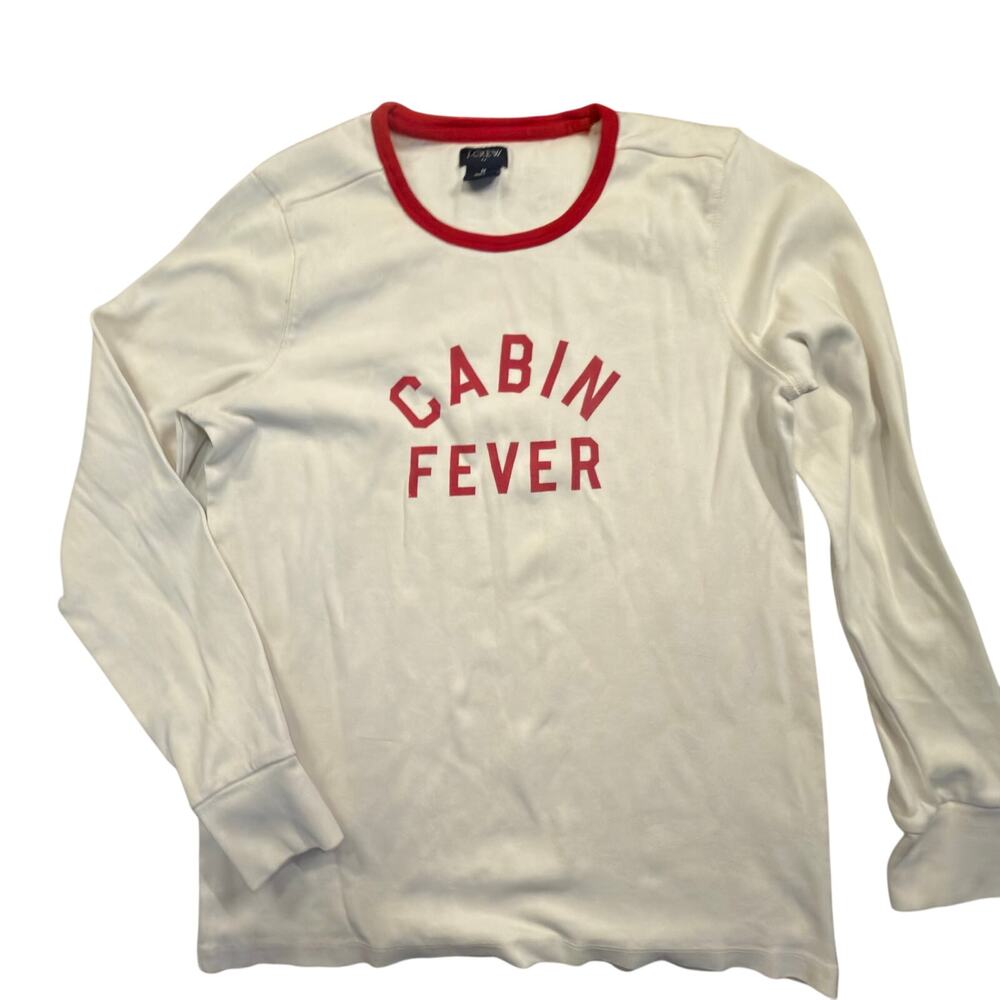J.Crew Women's White and Red T-shirt Cabin Fever Cozy Cabin Vibes Size M